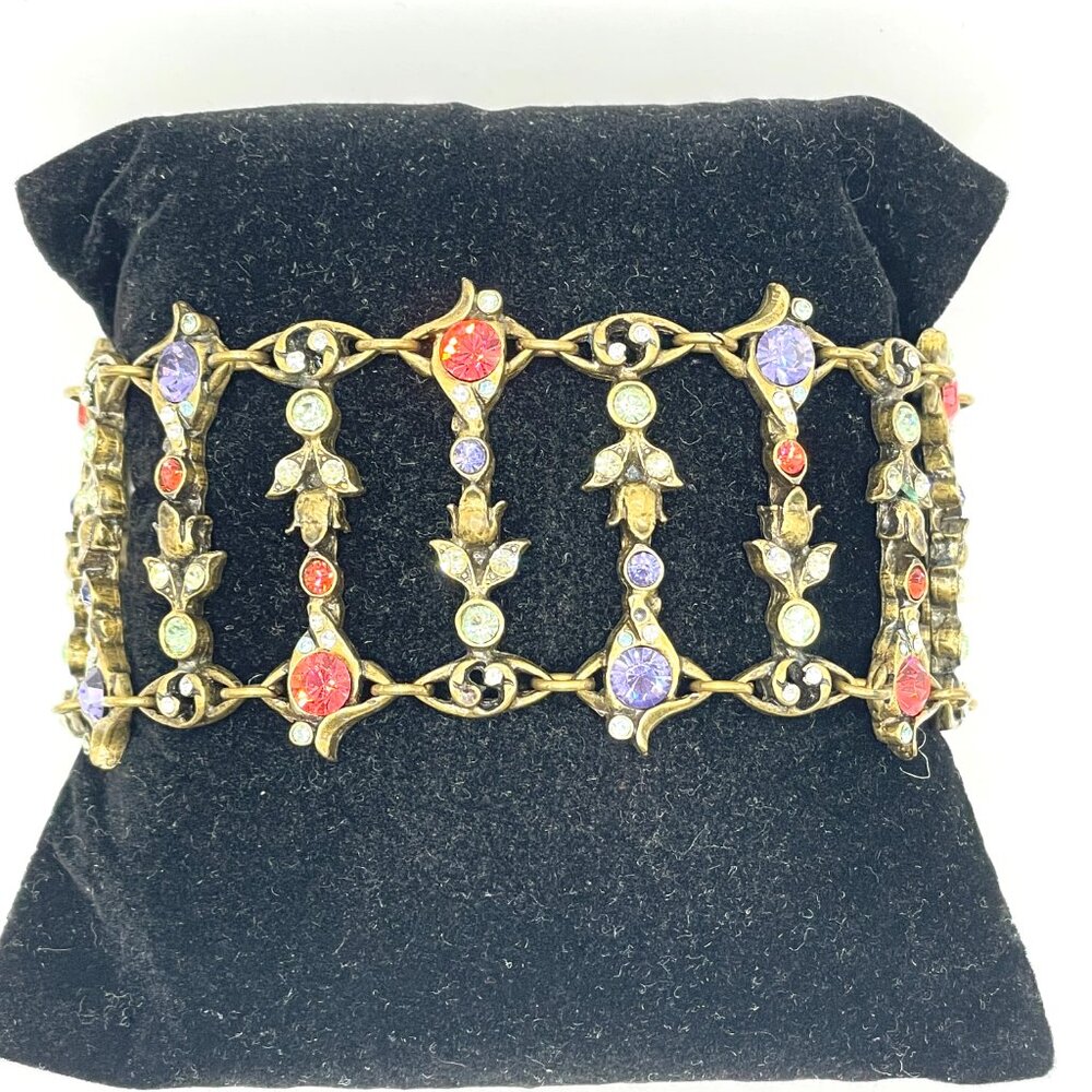 Sweet Romance Signed Vintage Inspired Brass Tone Multi Color Crystal Bracelet